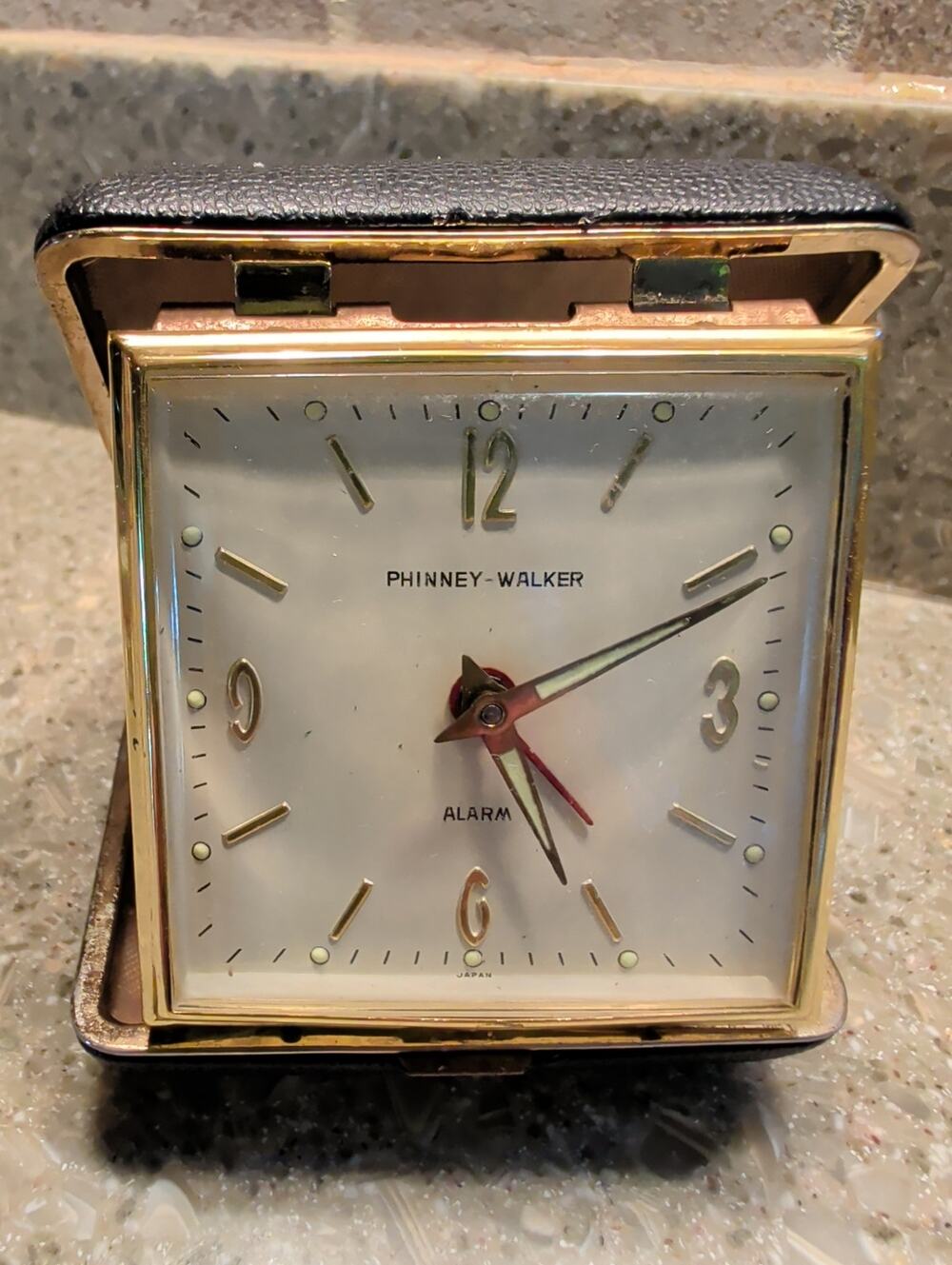 VTG Phinney-Walker Travel Alarm Clock Japan Black Leather Case Glow Dial WORKS